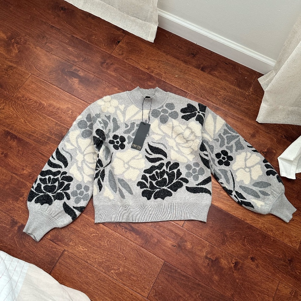 Truth By Republic Floral Jacquard Pullover Sweater Ballon Sleeves Black Grey XS